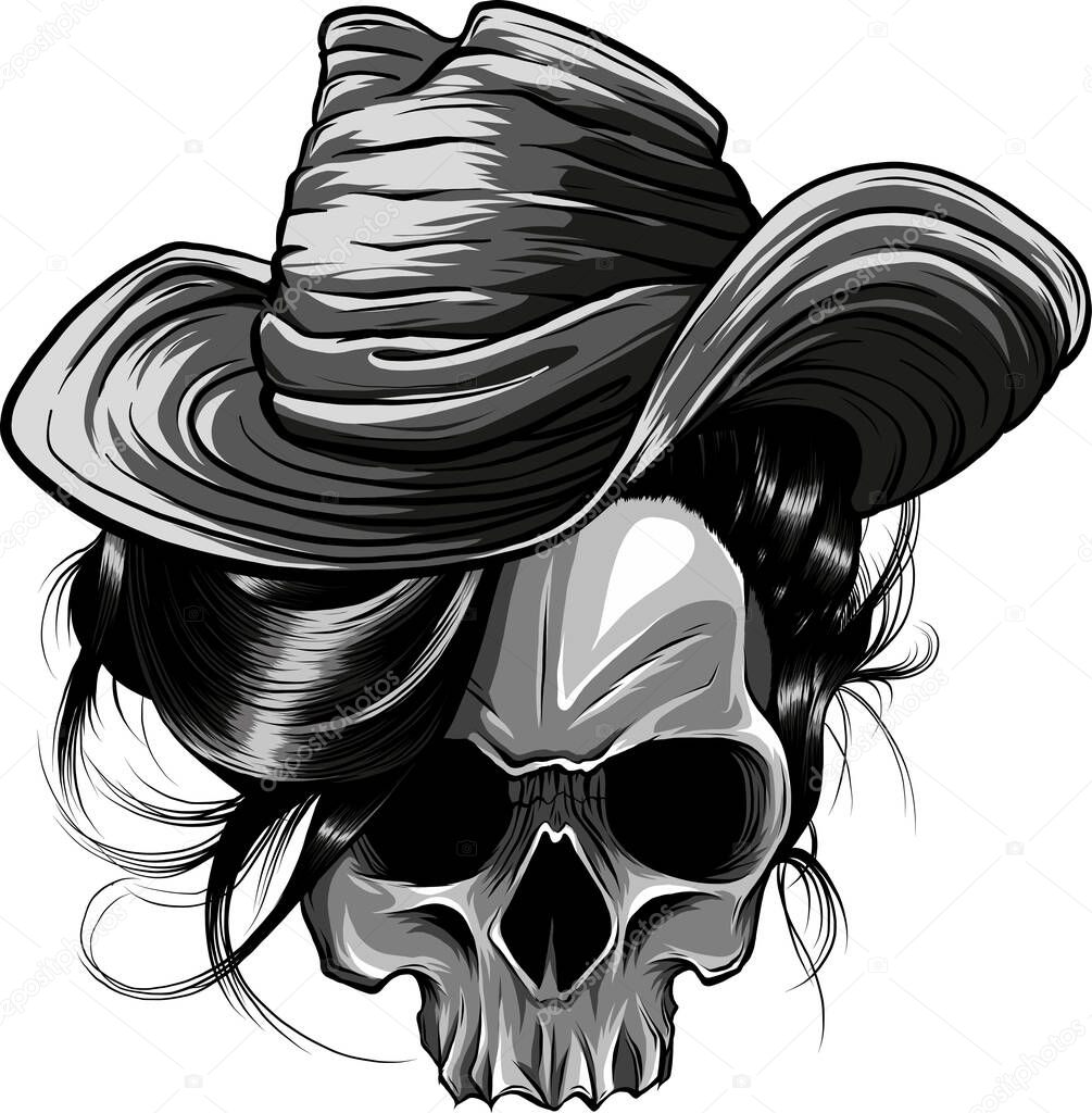 Illustration of Skull cowboy monochrome on white background