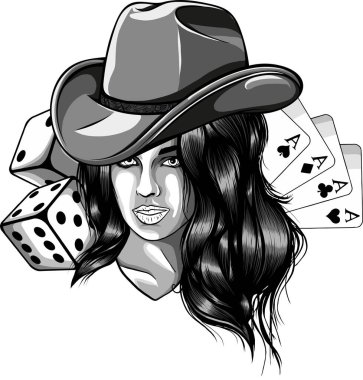 Kovboy şapkalı genç bir kadın. Cowgirl Vintage oymalı el yazısı vektör çizimi. Biçimlendirilmiş siyah ve beyaz monokrom grafiği.