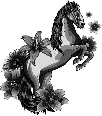 Çiçekli güzel at. Vektör çizilmiş illüstrasyon