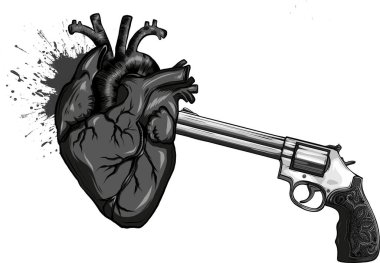 Siyah bir siluet, kurşun sıkmak yerine kalp üfleyen siyah bir tabanca.