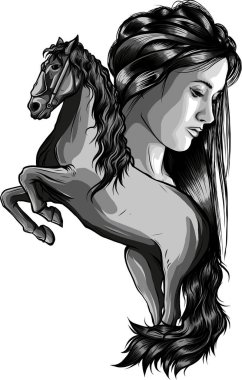 beautiful woman with long hair and wild mustang horse head - girl and animal spirit black and white vector outline portrait clipart