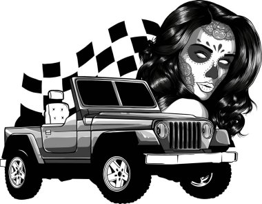 Tek renkli off-road arabasının kadın kafatası ve yarış bayrağıyla çizimi