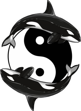 Yin Yang sembolünün etrafında iki katil balinanın resmi.