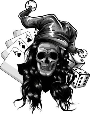 Soytarı şapkası, poker kartı ve zarlı kafatası.