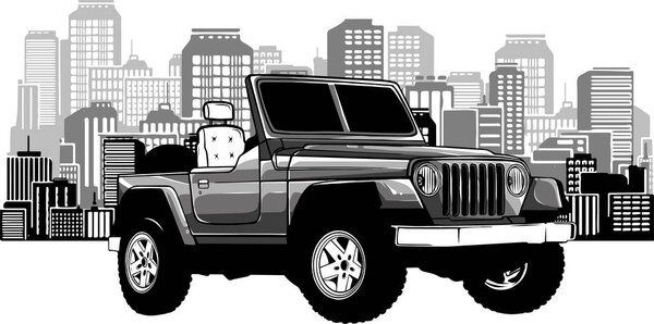 picture of a jeep in front of a big city silhouette, flat style illustration