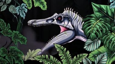 Korkunç yırtıcı dinozor Spinosaurus av aramak için ortaya çıktı. Yüksek kalite 4k görüntü