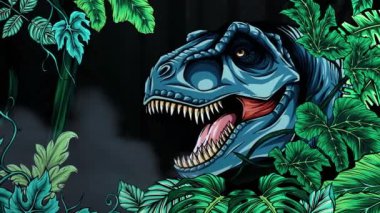 Tyrannosaurus Jurassic ormanında yürüyor. Dinozorlar Çağı. T-rex ava çıktı. Anamorfik video. 3 boyutlu görüntüleme. Yüksek kalite 4k görüntü.
