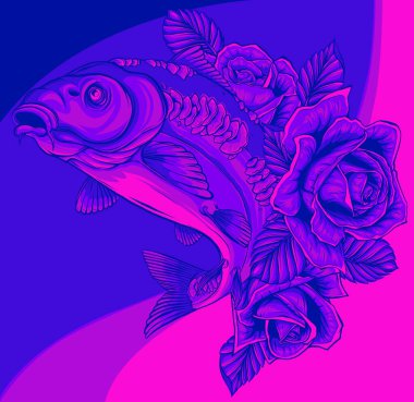 Beyaz arkaplanda güller olan sazan balığı çizimi