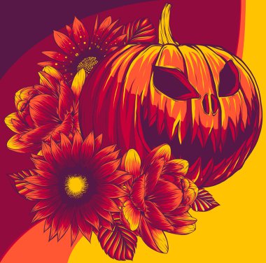 Sonbahar vektör illüstrasyon çiçekli balkabağı