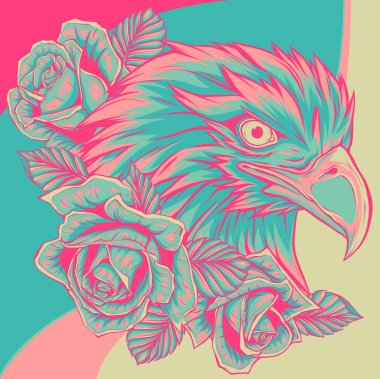illustration of head eagle with red roses