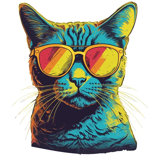 Güneş Gözlüğü Takan Havalı Tatlı Kedi Pop Art Tişört Tasarımı — Stok Vektör