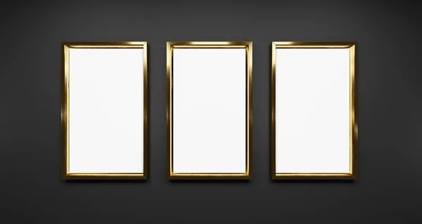 Drie Gouden Rechthoek Frames Geïsoleerd Zwarte Achtergrond Weergave — Stockfoto