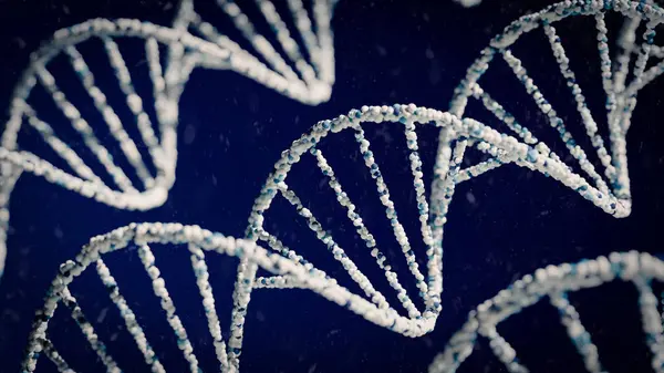 3D Rendering of DNA Double Helix Structures in Blue and White.