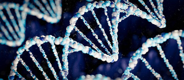 3D Rendering of DNA Double Helix Structures in Blue and White.