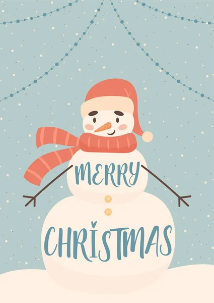 Frohe Weihnachten Grußkarte Mit Niedlichen Cartoon Schneemann Figur Und Abstrakten — Stockvektor