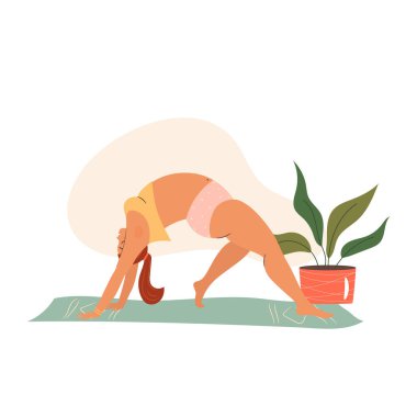 Woman doing yoga at home. Self time concept illustration