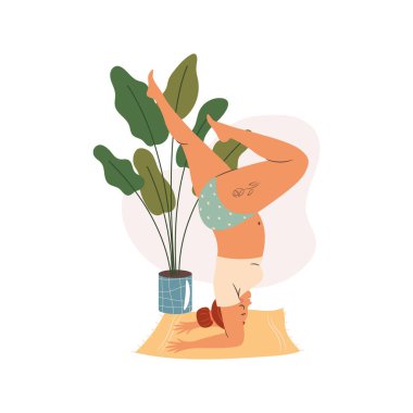 Woman doing yoga at home. Self time concept illustration