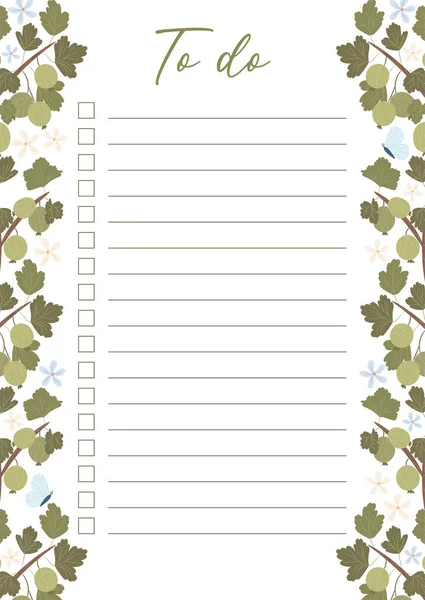 Printable List Concept Green Gooseberry Plant Illustration Vector —  Vetores de Stock