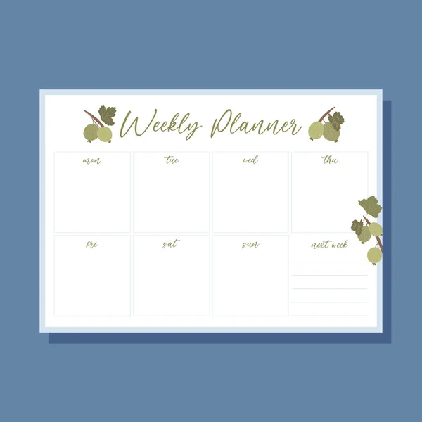 Printable Weekly Planner Concept Green Gooseberry Plant Illustration Vector — Stock Vector