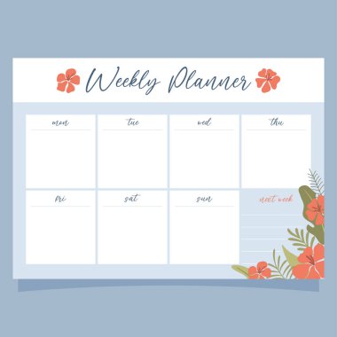 Tropikal egzotik geçmişi olan haftalık basılabilir planlayıcı konsepti. Vektör illüstrasyonu 