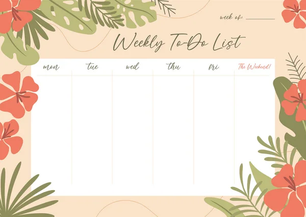 Printable Weekly Planner Concept Tropical Exotic Background Vector Illustration — Stock Vector