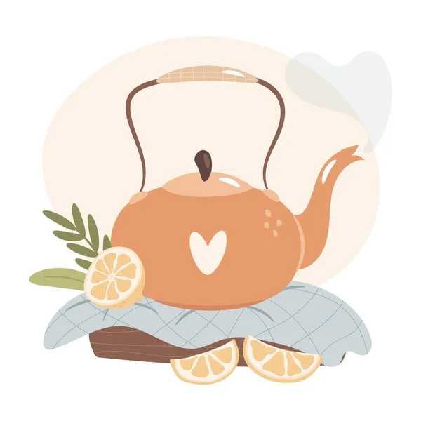 早上好茶壶和柠檬舒适的早餐概念 — 图库矢量图片