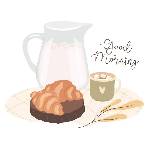 Bom Dia Café Croissants Conceito Dias Outono Acolhedor Ilustração Vetorial — Vetor de Stock