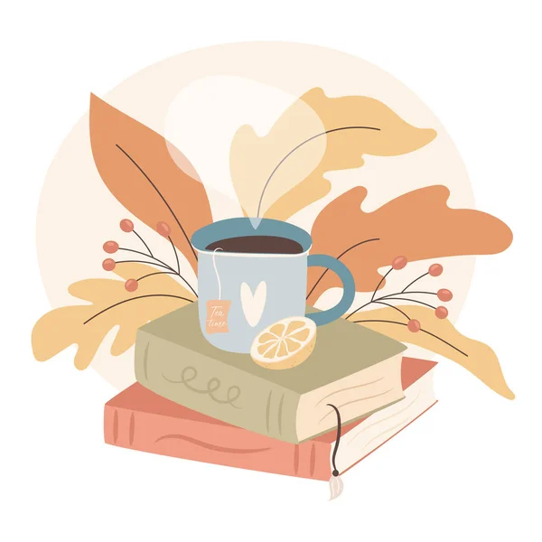 Okuma Zamanı Kitap Yığınının Üzerinde Bir Fincan Çay Sıcak Sonbahar Telifsiz Stok Vektörler
