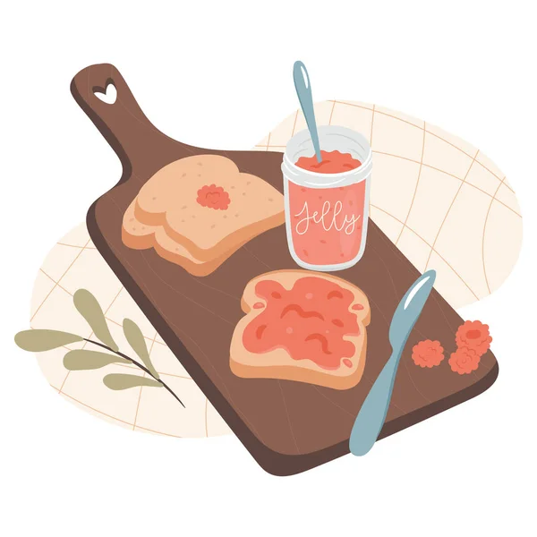 Ahududu Reçeli Ahşap Tepside Tost Sabah Kahvaltısı Kavramı Sıcak Sonbahar Stok Vektör