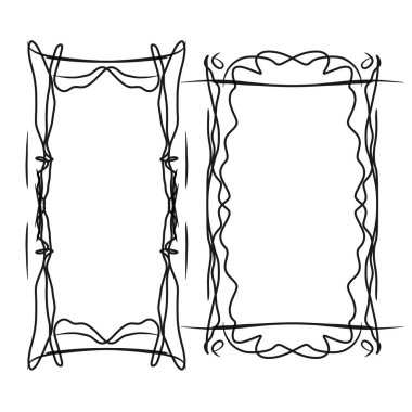 A set of hand-drawn frames on a white background, lines, square and round borders, patterns and ornament.