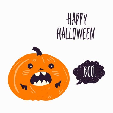 Yuh. Cadılar Bayramı. Sonbahar, Sonbahar. Balkabaklı şirin vektör kartı. Mutlu cadılar bayramı