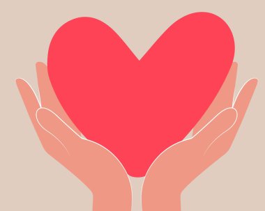 Kalbi dikkatlice tutan el. Vektör illüstrasyon, simge ya da logo, tasarım için element ya da moda baskısı. Vektör illüstrasyonu, simge veya logo, tasarım için öge veya moda baskısı.