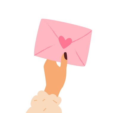 İnsan eli, üzerinde kırmızı kalp süsü olan kapalı kağıt bir zarf tutuyor. Sevgililer Günü için vektör illüstrasyonu