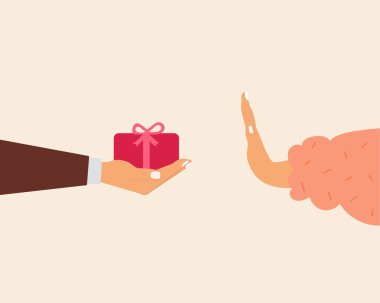 Bir kişi hediyeyi reddeder ya da diğerinden rüşvet alır. İş arkadaşı ya da arkadaşı hediye almakta zorlanıyor. İltifat için el işaretini durdur. Sevgi ve şefkat görmek için insan kolları engelleniyor. Vektör illüstrasyonu