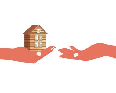 Bir el diğer ele küçük bir ev verir. İhtiyacı olan kişiye yardım ve barınak. Güvenli yer kavramı. Mülk sahibi olmak ya da kiralamak. Vektör kavramı