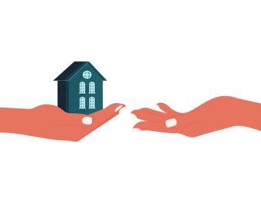 Bir el diğer ele küçük bir ev verir. İhtiyacı olan kişiye yardım ve barınak. Güvenli yer kavramı. Mülk sahibi olmak ya da kiralamak. Vektör kavramı