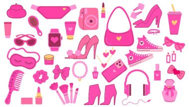 Pembe aksesuarlar. Pembe moda seti, pembe bebek estetik aksesuarları. Vektör çizimi. Bir aksesuar koleksiyonu