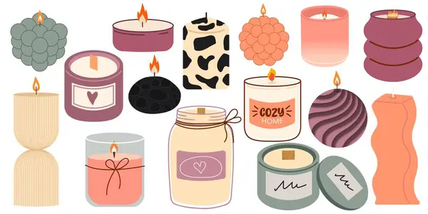 Various Candles. Different shapes and sizes. Pillar, jar candle, square, container candle. Hand drawn trendy Vector set