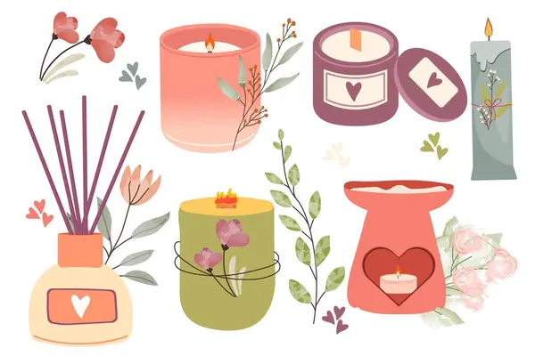 Duftkerzen Aufgestellt Gemütliche Sammlung Von Kerzen Hygge Zeit Aromatherapie Und — Stockvektor