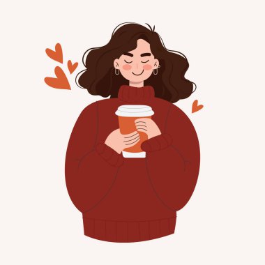 Elinde büyük bir bardak sıcak kahve ya da çay tutan bir kız, sonbahar sıcacık giyinen, gülümseyen ya da eğlenen bir kız.