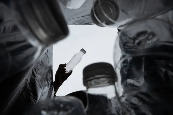 Бросать Использованные Пластиковые Бутылки Мусорный Бак — стоковое фото