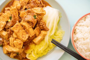 Tofu ve sebze yatay kompozisyonu olan domuz eti.