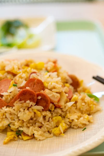 Angle View Fried Rice Crab Sticks Sausages Maizes Vertical Composition — Stock Photo, Image