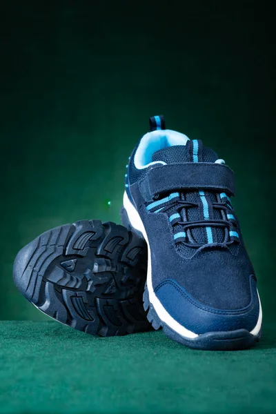 Par Zapatos Senderismo Azules Para Niños Sobre Fondo Verde Composición — Foto de Stock