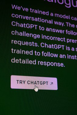 ZhongShan China-Feb 15,2023:close up of a monitor showing a mouse cursor about to hit the try ChatGPT button at vertical compsition.