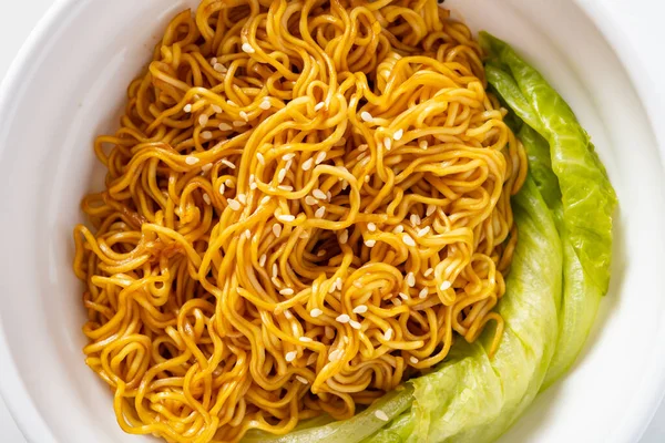 Top View Bowl Noodles Cabbage Close Horizontal Composition — Stock Photo, Image