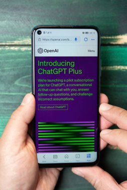 ZhongShan Çin-16 Mart 2023: ChatGPT Plus 'ın web sayfasına bakan adam dikey kompozisyonda..