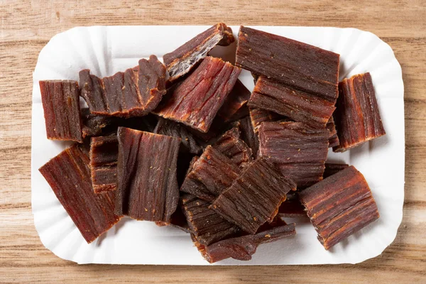 Top View Beef Jerky Wood Background — Stock Photo, Image