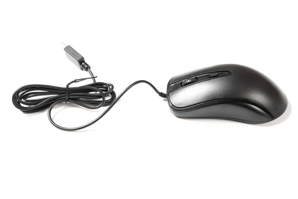 Winkelansicht Schwarze Maus Mit Kabel Auf Weißem Hintergrund — Stockfoto