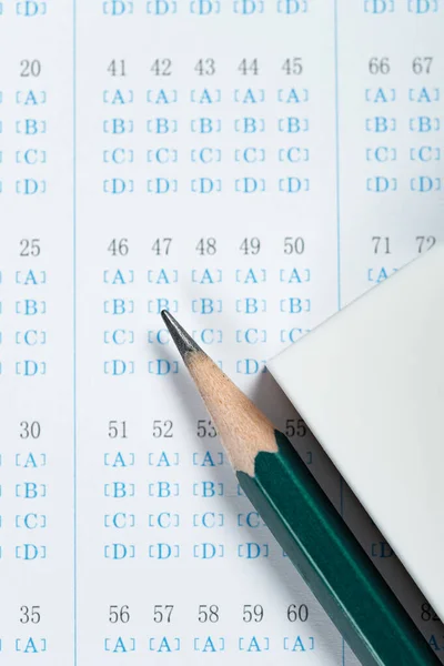 Top View Test Score Sheet Pencil Eraser Close Vertical Composition — Stock Photo, Image